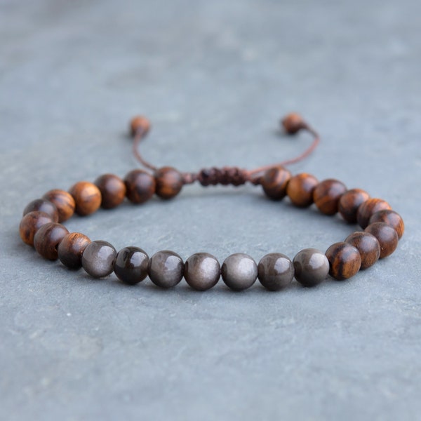 Silver Sheen Obsidian & Rosewood Bracelet, natural wood bead, volcanic stone, protection strength healing jewelry, gift for hippie men