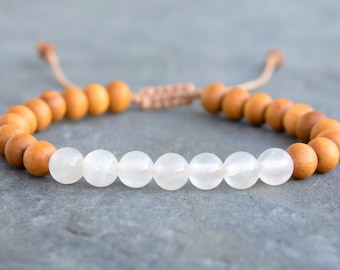 Selenite Bracelet with Sandalwood – Natural Gemstone Jewellery for Calm & Serenity, Mindfulness Gift for Her