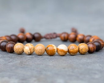 Picture Jasper Bracelet – Rosewood Beads, Boho Macrame Jewellery, Handmade Grounding Gemstone, Nurturing Energy, Gift for Men