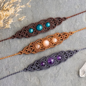 Boho Macrame Bracelet with Amethyst, Moonstone & Apatite, natural gemstone bead, bohemian gifts for women, crystal healing jewelry, handmade
