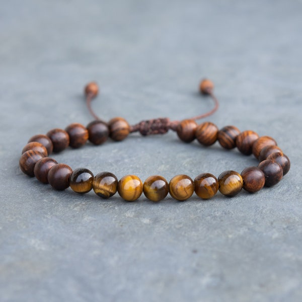Tigers Eye Bracelet with Rosewood, natural wood beads, yoga bracelet, hippie gifts for men, crystal healing jewelry, gift for boyfriend