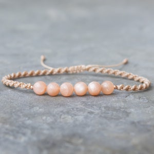 Boho Macrame Bracelet with Peach Moonstone – Handmade Crystal Jewelry, Stackable Gift for Women