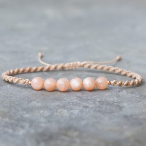 Peach Moonstone Bracelet, 14K Rose Gold beads, crystal healing jewelry, spiritual gifts for her, braided with stone, handmade macrame woven