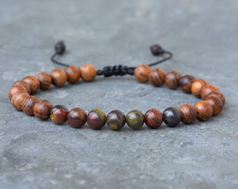 Tiger Iron & Rosewood Bracelet – Men’s Wooden Beads, Tiger Eye Jewellery, Healing Crystal Gift for Men, Yoga Meditation Jewellery