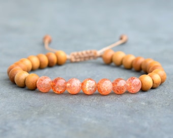 Sunstone Crystal & Sandalwood Bead Bracelet – Boho Gemstone Jewellery