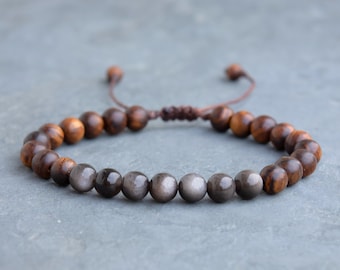 Silver Sheen Obsidian & Rosewood Bracelet, natural wood bead, volcanic stone, protection strength healing jewelry, gift for hippie men