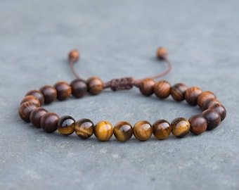 Tigers Eye Bracelet with Rosewood, natural wood beads, yoga bracelet, hippie gifts for men, crystal healing jewelry, gift for boyfriend