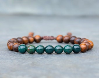Bloodstone Bracelet with Rosewood, wooden beaded jewelry, gift for hippie men, natural green stone, adjustable handmade bracelet, grounding