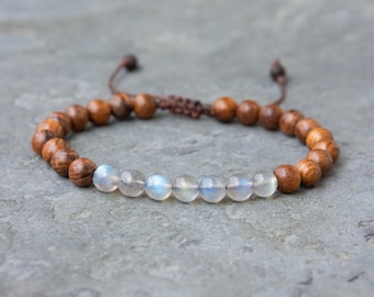 Labradorite & Rosewood Bracelet - blue flash, crystal bead jewelry, genuine natural stone, mens womens wooden bracelet, hippie gifts