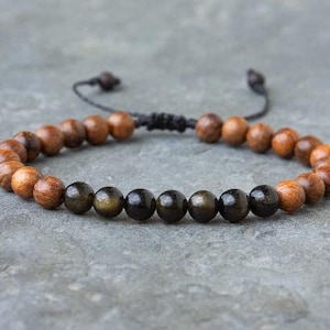 Bracciale da uomo in ossidiana dorata – Bracciale protettivo con pietre preziose e legno di palissandro, gioiello regalo fatto a mano