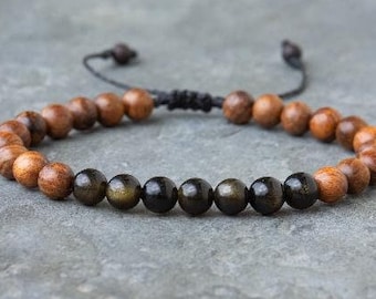 Gold Obsidian Men’s Bracelet – Protection Gemstone Bracelet with Rosewood, Handmade Gift Jewelry