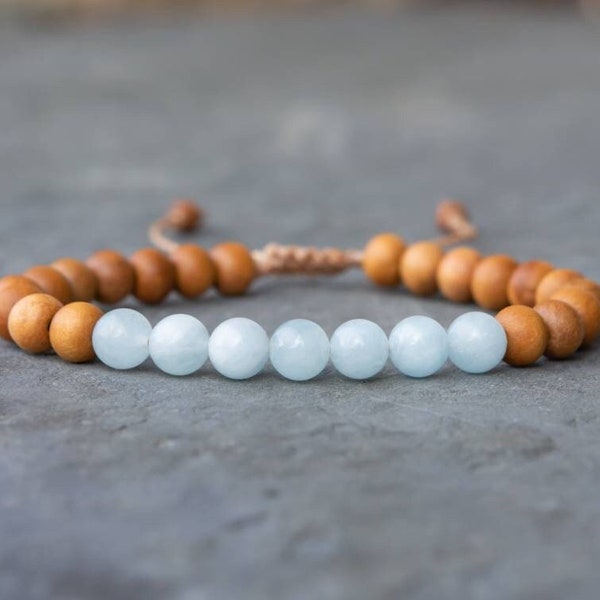 Aquamarine Stone Bracelet with Sandalwood, real blue aqua gemstone, wood bead jewelry, march birthstone, crystal bracelets for men/women