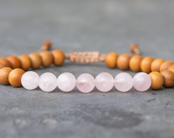 Dainty Rose Quartz & Sandalwood Bracelet – Handmade Gemstone Jewelry, Gift for Her