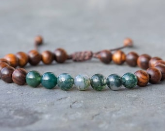 Moss Agate Bracelet, green gemstone jewelry, mens wooden beaded bracelet, gift for men, crystal healing, yoga mala, heart chakra, reiki
