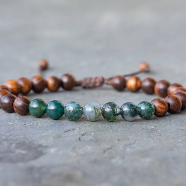 Moss Agate Bracelet, green gemstone jewelry, mens wooden beaded bracelet, gift for men, crystal healing, yoga mala, heart chakra, reiki