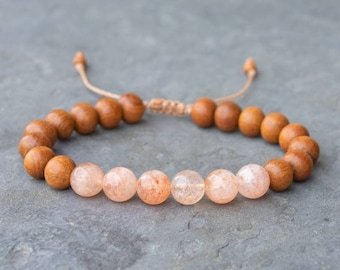 Handmade Sunstone & Sandalwood Bracelet – Gemstone Jewellery for Positivity and Grounding