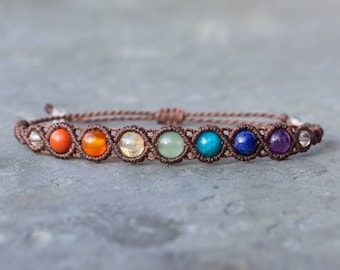 7 Chakra Bracelet, macrame bead bracelets, crystal healing jewelry, spiritual yoga gifts, gemstone energy mala, boho hippie jewelry