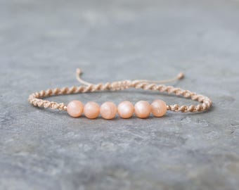 Boho Macrame Bracelet with Peach Moonstone – Handmade Crystal Jewelry, Stackable Gift for Women