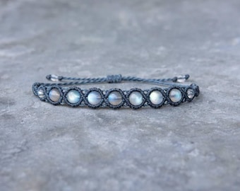 Labradorite Bead Bracelet with Quartz | Natural Blue Flash Gemstone | Man Woman Stone Jewelry | Macrame Boho Gift