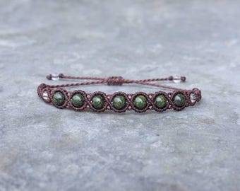 Mens Beaded Bracelet with Serpentine & Quartz | Woven Macrame Jewelry | Adjustable Gemstone Bracelet | Hippie Gifts for Him | Gift for Dad