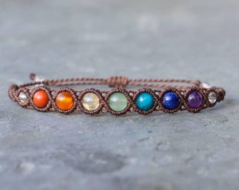 7 Chakra Bracelet, macrame bead bracelets, crystal healing jewelry, spiritual yoga gifts, gemstone energy mala, boho hippie jewelry