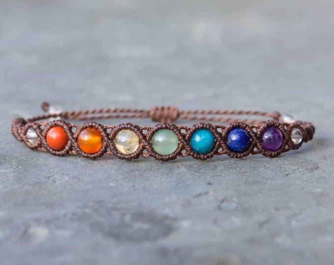 7 Chakra Bracelet, macrame bead bracelets, crystal healing jewelry, spiritual yoga gifts, gemstone energy mala, boho hippie jewelry