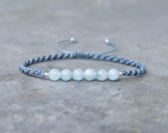 Handmade Aquamarine Bracelet – Sterling Silver Beads, Dainty Macrame Jewelry, Grounding Gemstone, Boho Stacking Bracelet, Gift for Her