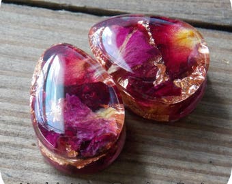 Real Rose Plugs Copper flake Plugs Pair Natural Flowers Resin Teardrop Double Flare Single Flare Wedding Valentines Unique Custom Gauge