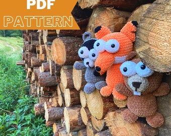 SET 3 in 1 PATTERNS crochet raccoon, fox , beaver ,kawaii, amigurumi, crochet, mascot, toy