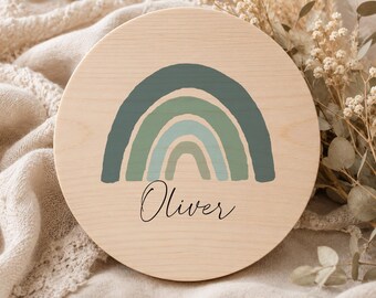 Blue Rainbow Baby Name Plaque | Personalised Wooden Name Sign | Baby Announcement Plaque | Newborn Photo Prop | Nursery Decor