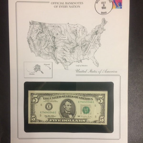 USA 5 Dollar 1995 Banknote Statue of Liberty Stamp & Large Map Envelope Washington DC Circular Cancellation