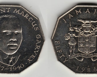 Marcus Garvey on Jamaica 10 Sided 50 Cents Coin of 1986 (70th Anniversary Coming to America) Great for Jewelers Coin-Cutters Hobbyists etc