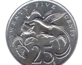 Streamer Tailed Hummingbird, Flower + Queen Elizabeth II on Jamaica 25 Cents Coin of 1987 For Coin Cutters, Collectors, Jewelers & Hobbyists