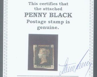Worlds 1st Adhesive Postage stamp (Genuine) - The Penny Black encased in Plastic Folio with Certificate of Authenticity & Information