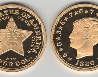 America&#39;s Rarest; 1880 Coiled Hair Stella Star Scandalous 4 Dollar 1.5&quot; Gold Plated Copy Coin with Educational Information sheet Great Gift