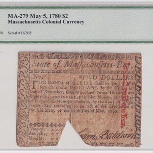 May include: A vintage, brown paper bill from the State of Massachusetts, dated May 5, 1780. The bill is for two dollars and features the text "State of Massachusetts-Bat." and "No. TWO DOLLARS FOR." The bill is signed "Sam Baldwin".