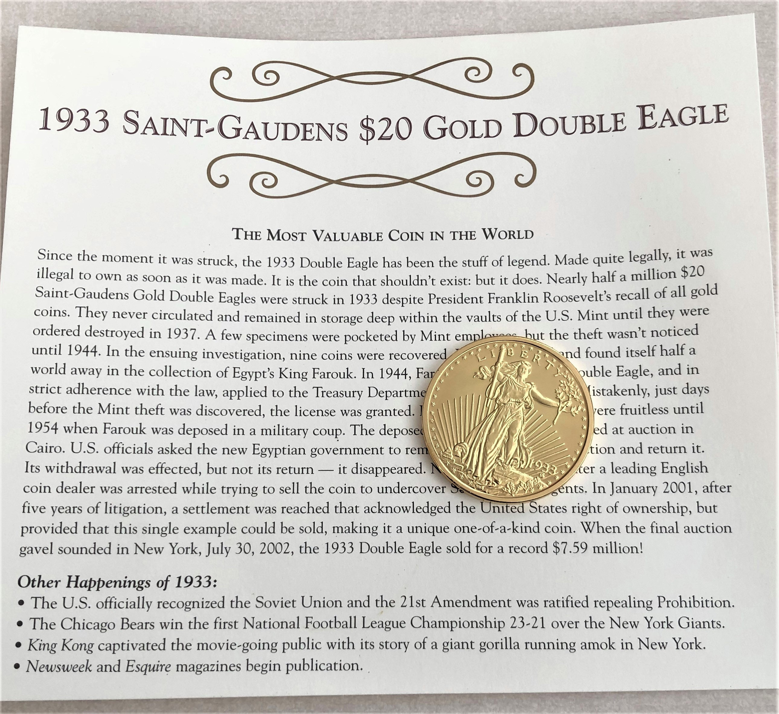 America's Rarest; 1933 Saint Gaudens Walking Liberty 20 Dollars
