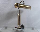 vintage Piano Lamp, brass with gold accent body, fine white marble base, made in Italy, 1 or 2 lamp switch top of fixture