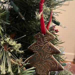 Christmas Tree Ceramic Ornament, Blue Brown Glaze, Handmade Pottery, Stocking Stuffer, Gift Idea