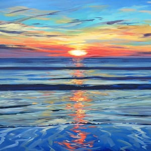 Op de afbeelding: Een schilderij van een zonsondergang boven de oceaan. De lucht is een mix van blauw, roze, oranje en geel. De zon gaat in de verte onder en het water is diepblauw. Het schilderij is gemaakt in een losse, impressionistische stijl.