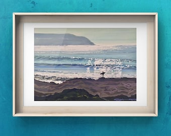 Surfer Painting Surfing Art Woolacombe Beach Print North Devon Beaches Picture Room Decor Wall Art Surfboard Waves Ocean Painting Coast Art