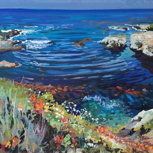 Original Gouache Painting Ocean Art Coastal Landscape Picture Turqouise Blue Sea Waves Art Floral Coast Artwork Ocean Wall Art Room Decor
