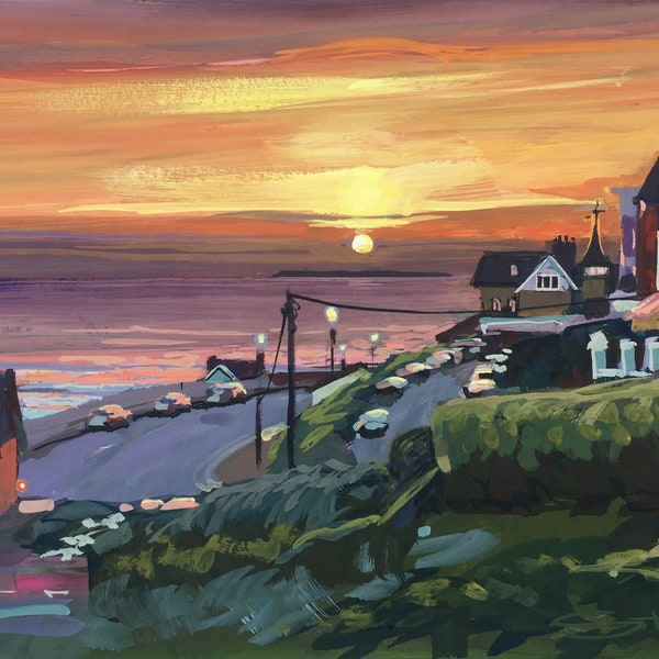 North Devon Beach Picture Sea Art Print Spring Lundy Sunset- Woolacombe Art Print from an original gouache painting by Devon artist Steve PP