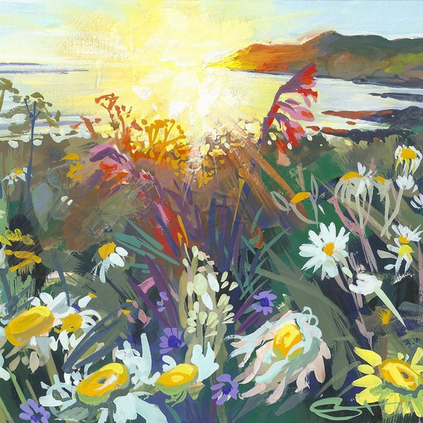 Floral Beach Picture Sea Print Spring Swansong - Woolacombe sunset art print from an original Gouache painting by Devon artist Steve PP