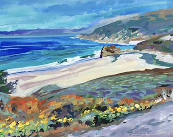 Dipinto originale a guazzo sulla spiaggia, paesaggio costiero, onde del mare, arte floreale, costa, opera d'arte, parete oceanica, decorazione della stanza, en plein air