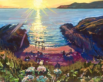 Sea Swimming Picture Art Print Solstice Swimmers - Barricane Beach Art Print from Woolacombe landscape artist Steve PP