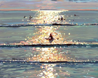 May include: A painting of a sunset over the ocean with a person sitting in the water. The sun is shining brightly and reflecting off the water, creating a sparkling effect. The sky is a mix of blue, purple, and pink.