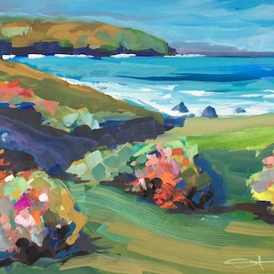 Original Gouache Coast Painting Coastal Landscape Art Sea Waves Artwork Floral  Shoreline Ocean Seascape For Living Room