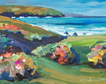 Dipinto originale a guazzo, paesaggio costiero, arte, onde del mare, opera d'arte, floreale, litorale, oceano, paesaggio marino per soggiorno