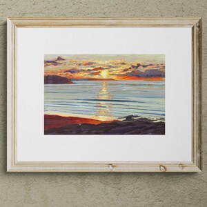 Glanzende door-wolacombe strand zonsondergang kunst print kust foto Noord-Devon strand poster gouache schilderij Steve PP kunstenaar muur decor zon